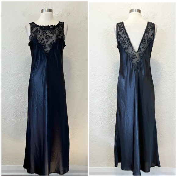 Vintage Other - Vintage Slip Dress Black Satin Mesh Embroidered Goth Gothic Whimsigoth Small S